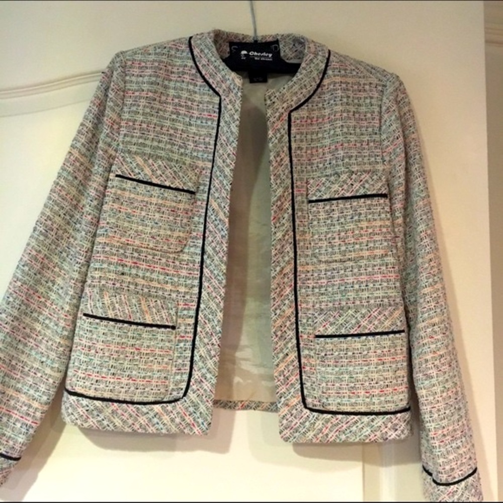Off white tweed jacket with red/turquoise/black